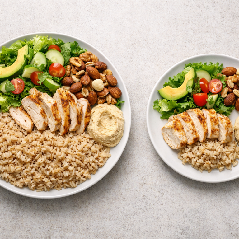 Piatto bilanciato che rappresenta il concetto di quantità e qualità nell’alimentazione